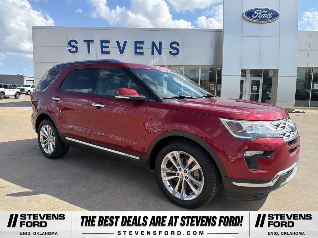 2019 Ford Explorer Limited in Ruby Red Metallic — front three-quarter view