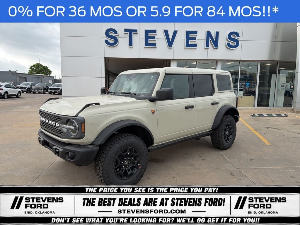 2026 Ford Bronco Badlands in Desert Sand — front three-quarter view