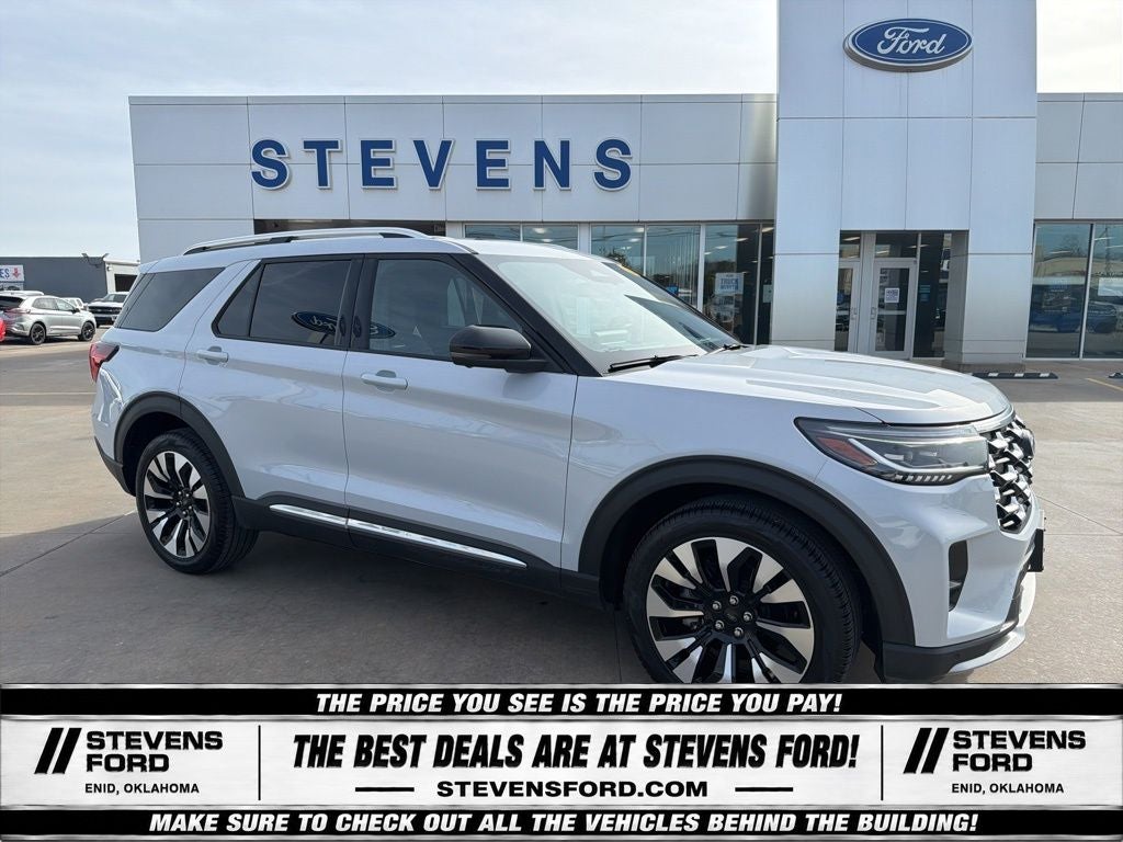 2025 Ford Explorer Platinum in White Metallic — front three-quarter view