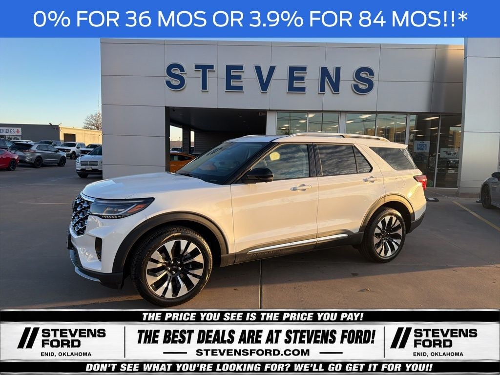 2026 Ford Explorer Platinum in Star White Metallic Tri-Coat — front three-quarter view